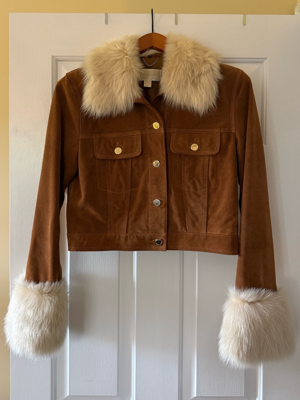 MICHAEL Michael Kors Suede Crop Jacket with Removable Faux Fur Trim - Brown